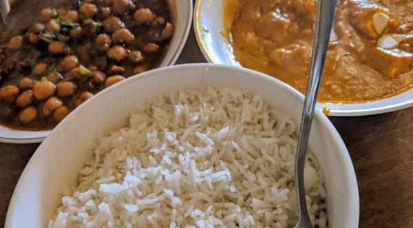 Channa Masala, Shahi Paneer, and Rice