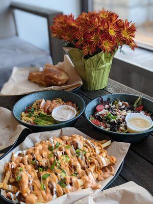 Kimchi fries, salad, sandwich