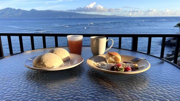 Left - Siopao and POG juice; Right - King Hawaiian Roll, eggs, poke