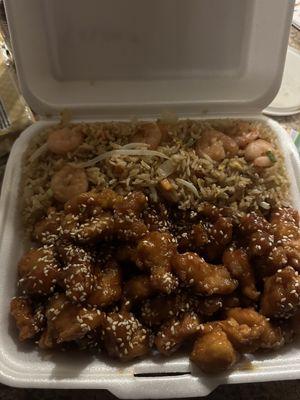 Sesame chicken, shrimp, fried rice