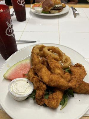 Fresh chicken tenders and onion rings