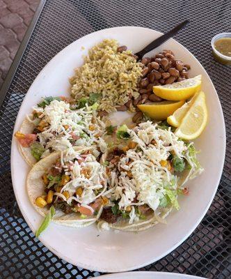 #5 Street Tacos Carne asada tacos. With rice &pinto beans wish I would have gotten refried beans but didn't know it was an option. Just ask