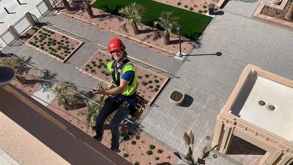 Repelling to get to the windows