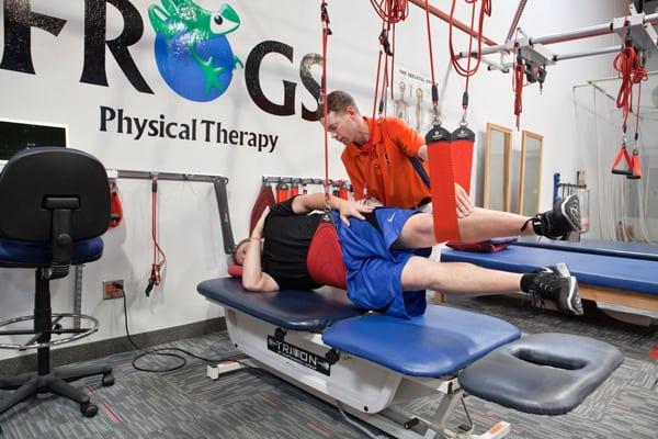 Using the Redcord /Neurac system to unload bodyweight to reduce tension and eliminate "PAIN" with our exercise regimen. 