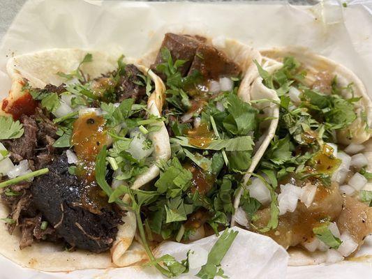 Slap Yo Momma Good Tacos from L to R: Barbacoa, Lengua, Chicharron !!!