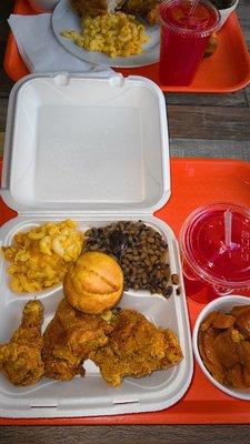 Fried Chicken, Black Eyed Peas, Mac & Cheese, Sweet Potatoes with Kool Aid