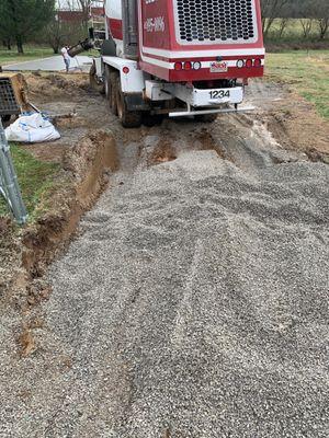 Gravel poured from third truck to attempt to pull concrete truck out. Ruts pictured block our gates from shutting.