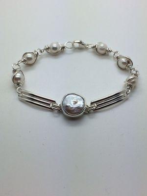 Handmade sterling silver coin pearl bracelet made by Wendy