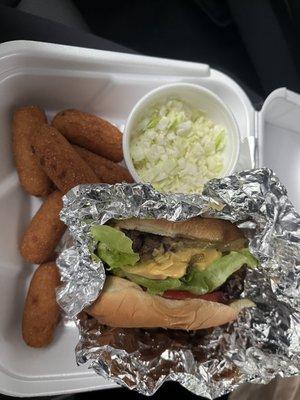 Regular 1/4 lb burger tray with slaw and hushpuppies