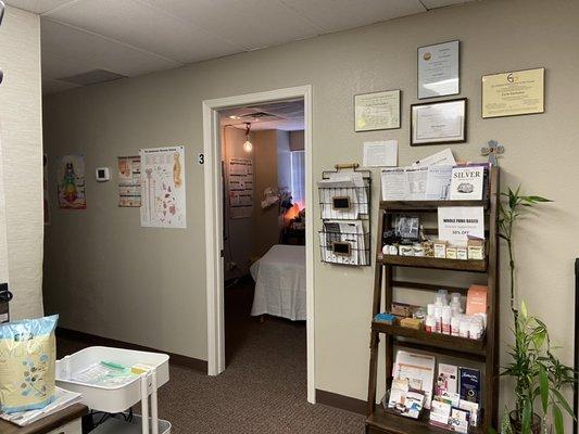 Our lobby displays the information rack along with natural healing products to purchase.