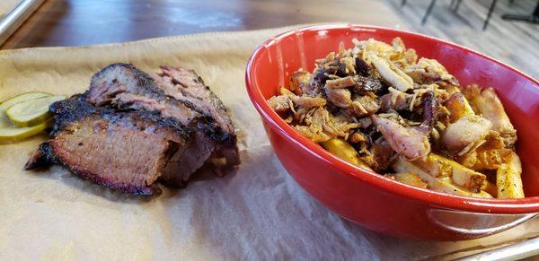 brisket and philthy fries (fries, cheese, choice of meat). We went with chicken.