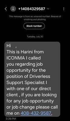 Phishing text from ICONMA Staffing