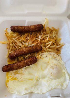 Eggs over medium, sausage links and hash browns