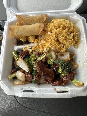 Broccoli beef, fried rice, deep fried wontons, egg rolls, (1 bonus)