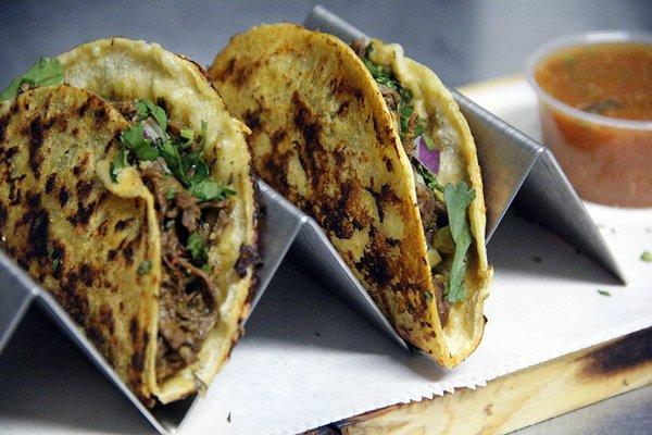 Birria-style beef queso tacos