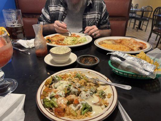 Camarones Primavera, 2 Enchiladas, One Taco, 1 Chile Relleno, Rice and Beans Combo Plate