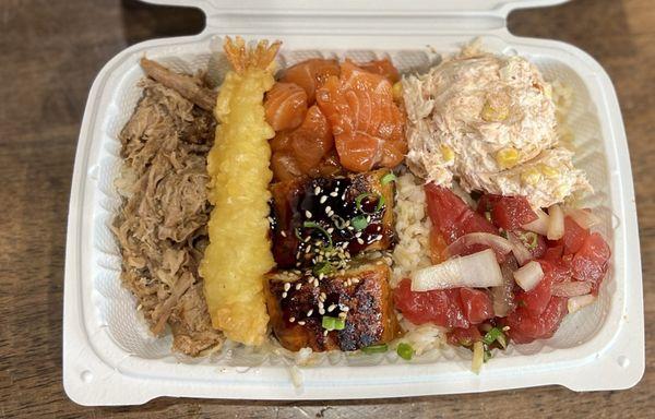 5 choices: kalua pork, salmon poke, unagi, smoked salmon, & ahi poke