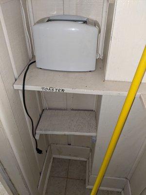 Pantry with toaster, dust and bug excrement, putting it nicely. Why would anyone want to use this?