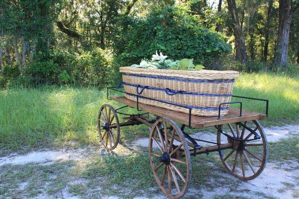 A biodegradable wicker casket used for a burial at Prairie Creek Conservation Cemetery.