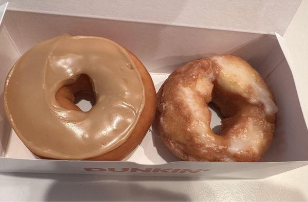 Maple donut (left), Glazed Sour Cream Donut (right; Riddle me this, how's this a vanilla cream filled one, which is what I ordered)