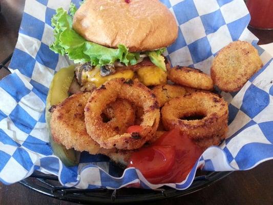 Everything burger with onion rings