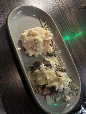 4 oz tenderloin medallions with blue crab, bacon, Parmesan, and mashed potatoes