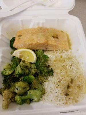 Curried salmon w/ basmati rice and roasted broccoli