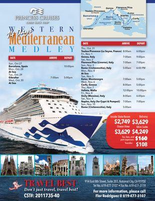 14 day Western Mediterranean Medley on Sky Princess, Barcelona to Rome, from October 27 to November 10!