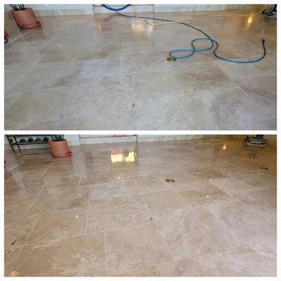 Travertine polishing before and after.  Medium gloss.