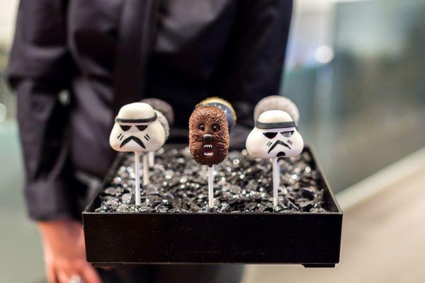 Storm trooper and Chewbacca cake pops for Star Wars event.