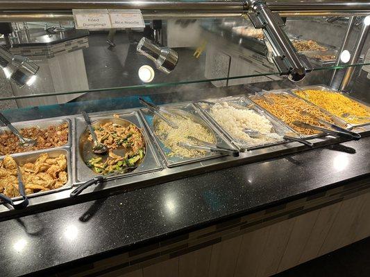 One of the hot food stations. This one has rice and noodles.