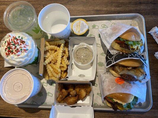 Lemonade, Christmas Cookie Shake, Strawberry Shake.  Truffle fries and chicken bites, shake burger, truffle burger, & shack stack burger