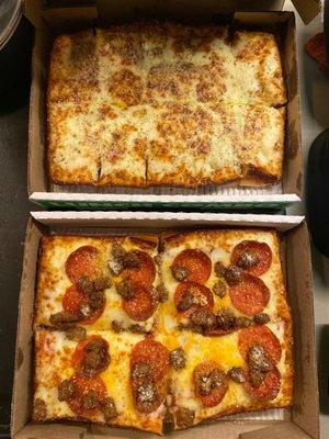 -Individual deep dish pizza w/pepperoni & sausage  -Cheesy bread