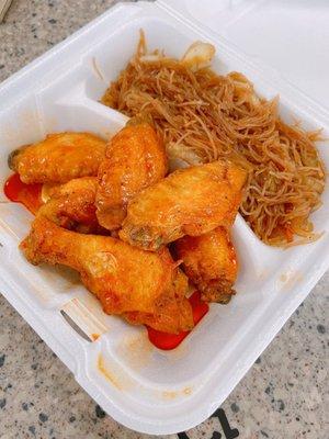 Chicken wings (Buffalo) with side of pancit (replaced the fries)