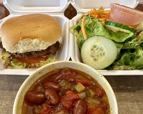 Burger, salad, and chili