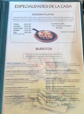 Menu: Fajitas and Burritos