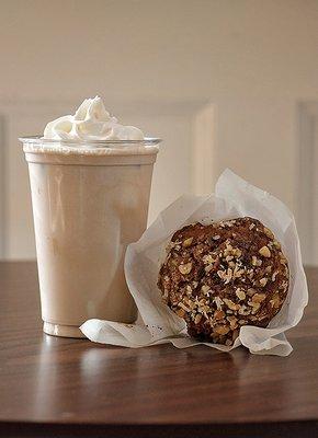 Smoothie and a muffin, loaded carrot featured here.