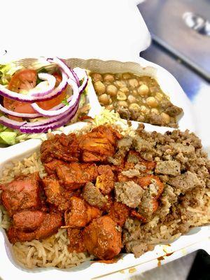 #6. Combo Platter (both meats over basmati rice with a side of chickpeas and salad).