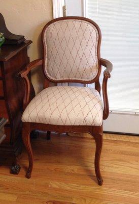 This set of 6 dining room chairs was redone in a stunning Sunbrella fabric which will resist fading in the brightest of rooms.