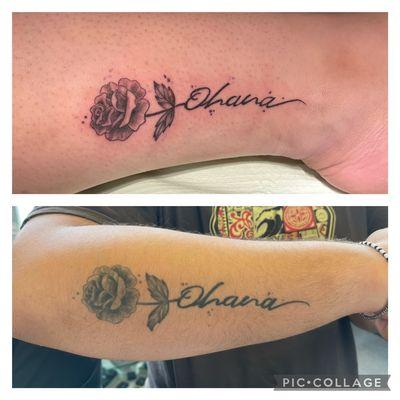 Brother and sister Ohana (family) tattoo by Michelle Austin at Hawaiian Tattoo Company.