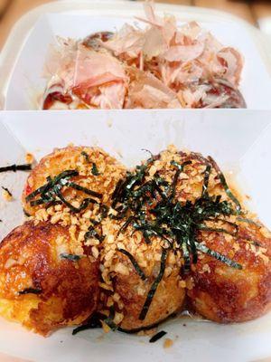 Garlic Butter Takoyaki (bottom); Regular Takoyaki (top)