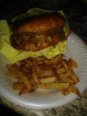 Fresh cut fries and a double chilli cheese burger with hot relish