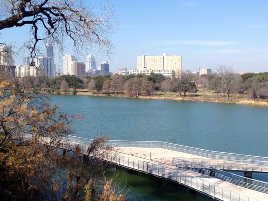 Apt view of town lake, downtown austin, and the new boardwalk