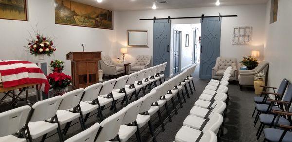 We have seating for up to 80 people for services if held in our chapel.