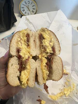 Bacon, egg, and cheese on an everything bagel