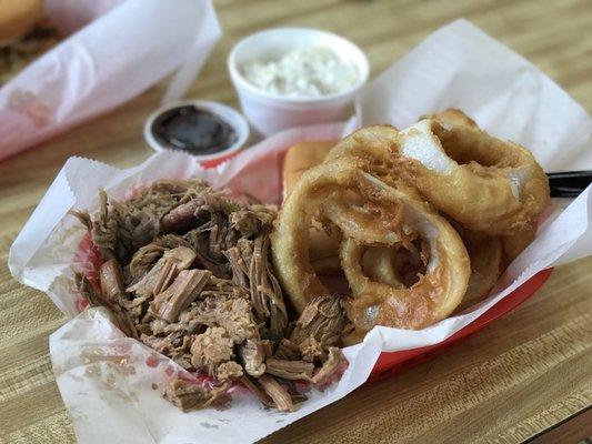 2 Meat Combo (Pulled Pork & Brisket) w/ Onion Rings & Potato Salad