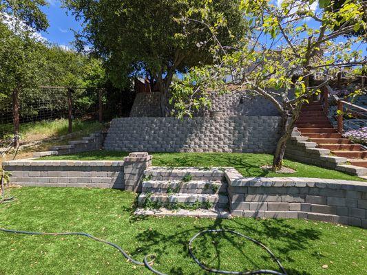 Terracing work with retaining wall blocks.