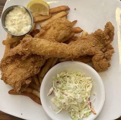 Fish and chips looks more like fried chicken tenders. Super salty and soggy fries