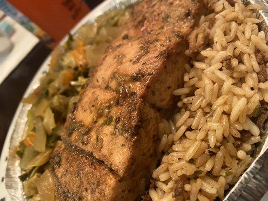 Salmon Bowl on top of dirty rice.