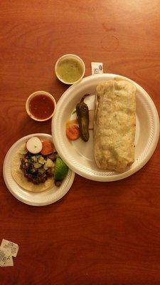 Steak Taco and Chicken Burrito.